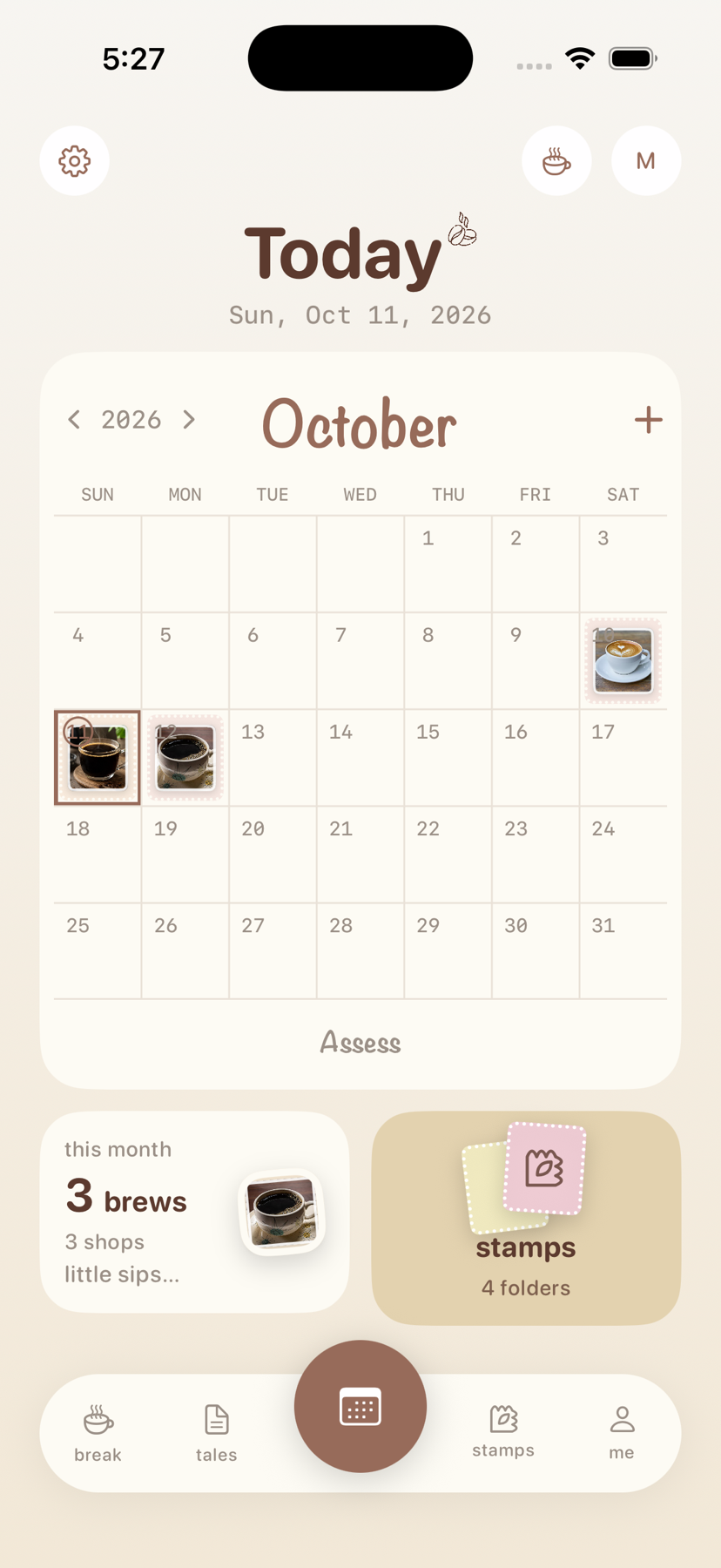 The mycoffeetales calendar for October 2026. Days with a coffee saved show the photo where the number would be: a latte on a saucer on the 3rd, dark coffee photos on the 10th and 11th. Today, the 11th, is ringed. Below the calendar, one card counts 3 brews this month and another shows the stamps folder at 4 folders.